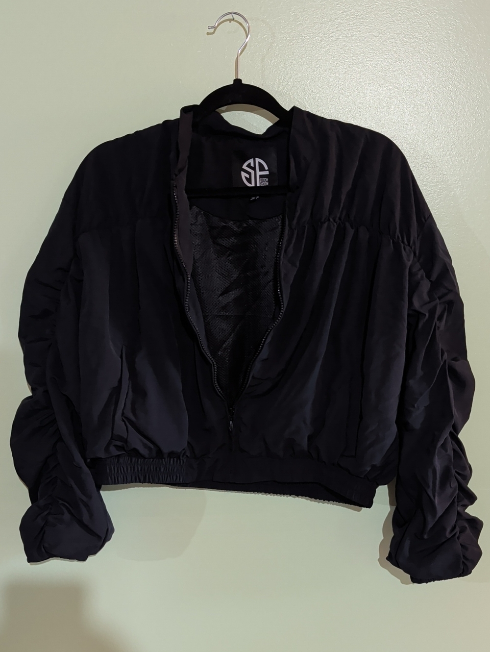 Black Cropped Ruched Sleeve Bomber Street Style Athletic Jacket